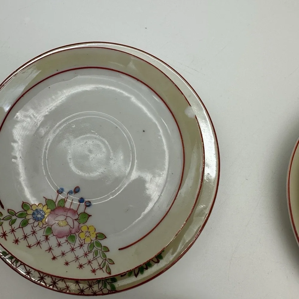 Vintage China Floral Demitasse Cup & Saucer 5 Sets Mini Red Trim Childs Tea Size